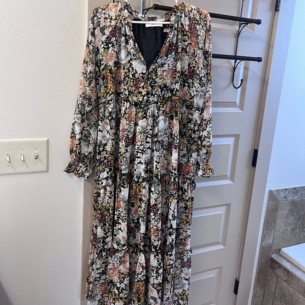 Carly Jean Los Angeles Floral Maxi Dress in Black and Cream with Pink Accents